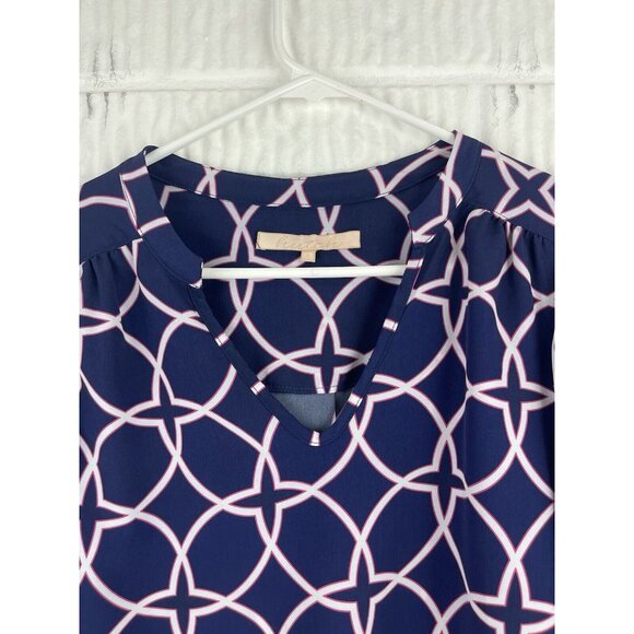 Hutch Blouse Size Small 3/4 Sleeve Navy V Neck Classic Geometric Print - Picture 6 of 7